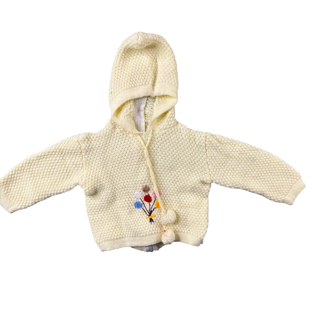 Renzo Vintage Baby Hooded Popcorn Knit Sweater Cream‎ Embroidered Long sleeve